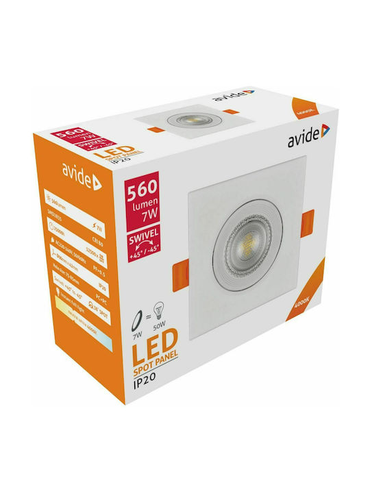 Avide ALDLS38NW-S-7W Square Plastic Recessed Spot with Integrated LED and Natural White Light White 9x9cm. 1pcs