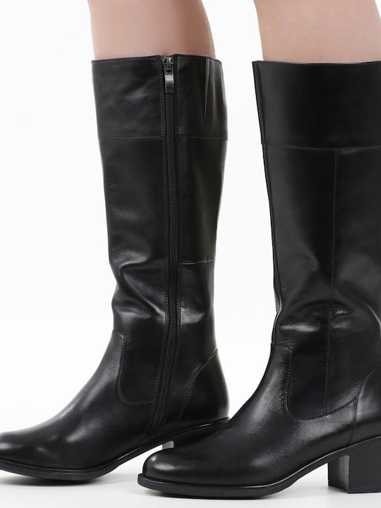 Anatomic Leather Medium Heel Riding Boots with Rubber / Zipper Black