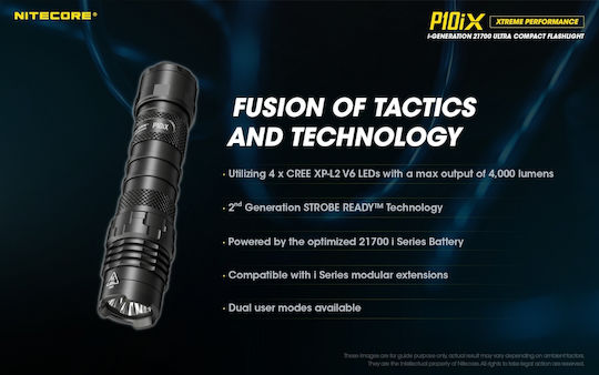 NiteCore Rechargeable Flashlight LED IP68 with Maximum Brightness 4000lm P10ix 2x CR123 Black