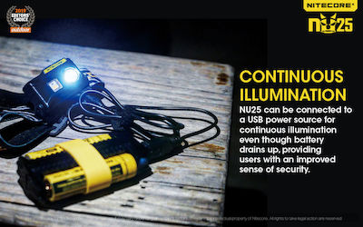 NiteCore Rechargeable Headlamp LED Waterproof IP66 with Maximum Brightness 360lm NU25