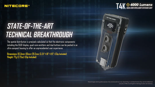 NiteCore Επαναφορτιζόμενος Φακός LED IP54 με Μέγιστη Φωτεινότητα 4000lm T4K Ενσωματωμένη