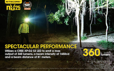 NiteCore Rechargeable Headlamp LED Waterproof IP66 with Maximum Brightness 360lm NU25