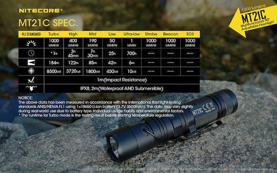 NiteCore Taschenlampe LED IPX8 mit maximaler Helligkeit 1000lm Mt21c 2 x CR123 , 2 x RCR123 Schwarz