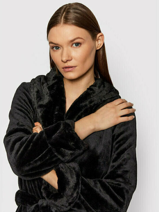 Benetton Χειμερινή Γυναικεία Ρόμπα Fleece Μαύρη