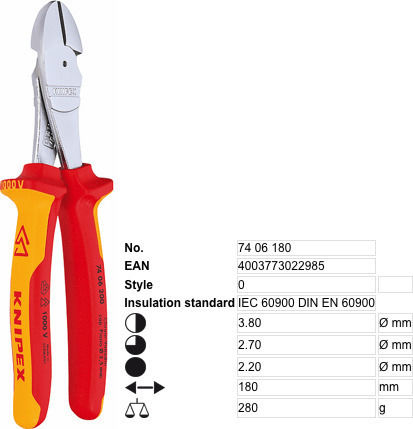 Knipex Πλαγιοκόφτης Ηλεκτρολόγου Μήκους 180mm