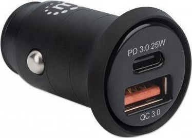 Manhattan Car Charger 25W 3A Fast Charging with Ports 1xUSB 1xType-C Black Colour