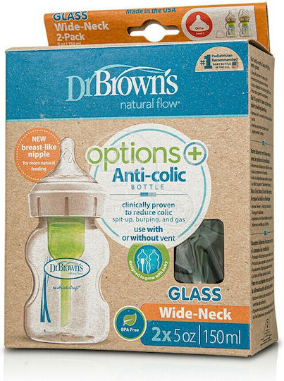 Dr. Brown's Glass Baby Bottle Set Options Anti-Colic with Silicone Nipple for 0+, 0+ m, months 150ml 2pcs