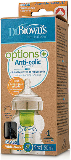 Dr. Brown's Glass Baby Bottle Natural Flow Options Anti-Colic with Silicone Nipple for 0+, 0+ m, months 150ml