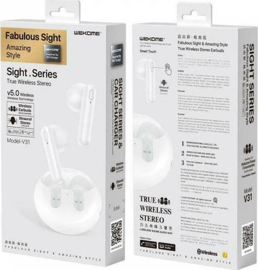 WK TWS V31 Earbud Bluetooth Handsfree Ακουστικά με Θήκη Φόρτισης Λευκά