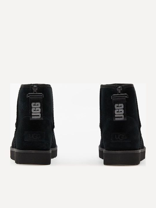 Classic Mini Logo Suede Women's Ankle Boots with Fur Black