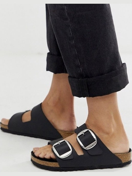 Arizona Big Buckle Oiled Leather Leather Women's Flat Sandals Anatomic in Black Color Narrow Fit