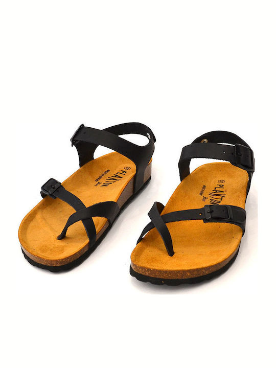 Leder Flache Sandalen für Damen Anatomisch mit Riemen in Schwarz Farbe