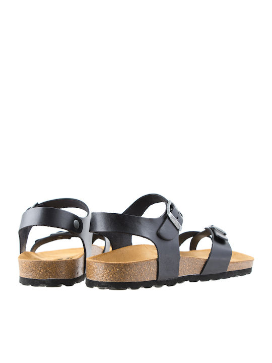 Leder Flache Sandalen für Damen Anatomisch mit Riemen in Schwarz Farbe