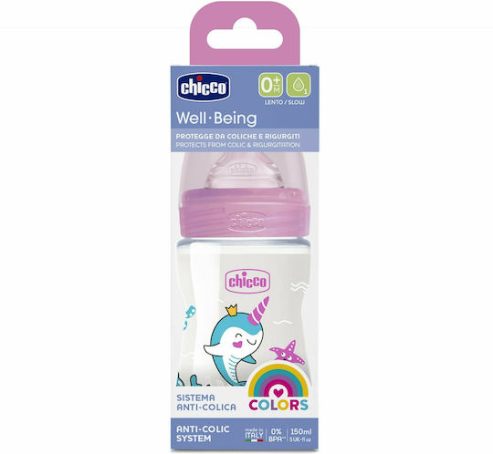 Chicco Plastic Baby Bottle Well Being Anti-Colic with Silicone Nipple for 0+, 0+ m, months Pink Whale - Pink 150ml