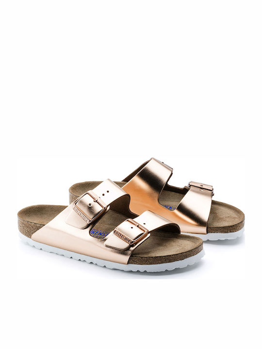 Arizona Soft Footbed Natural Leather Women's Flat Sandals Anatomic Metallic Copper Narrow Fit
