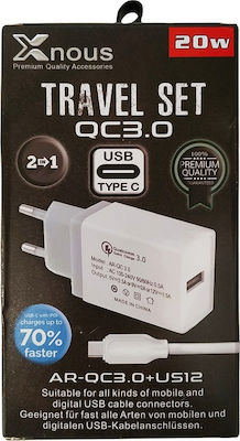 Φορτιστής με Θύρα USB-A και Καλώδιο USB-C 18W Quick Charge 2.0 / Quick Charge 3.0 Λευκός (Xnous US12)