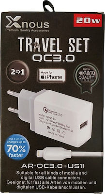 Φορτιστής με Θύρα USB-A και Καλώδιο Lightning 18W Quick Charge 2.0 / Quick Charge 3.0 Λευκός (Xnous US11)