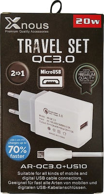 Φορτιστής με Θύρα USB-A και Καλώδιο micro USB 18W Quick Charge 2.0 / Quick Charge 3.0 Λευκός (Xnous US10)