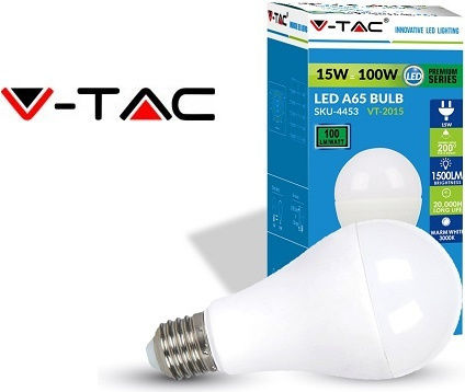 V-TAC LED-Lampe 15W 130mm für Fassung E27 und Form A65 Naturweiß 1500lm