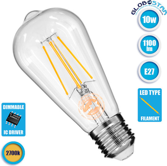 GloboStar Edison Retro LED Bulb 10W 145mm for Socket E27 and Shape ST64 Warm White 1100lm Dimmable