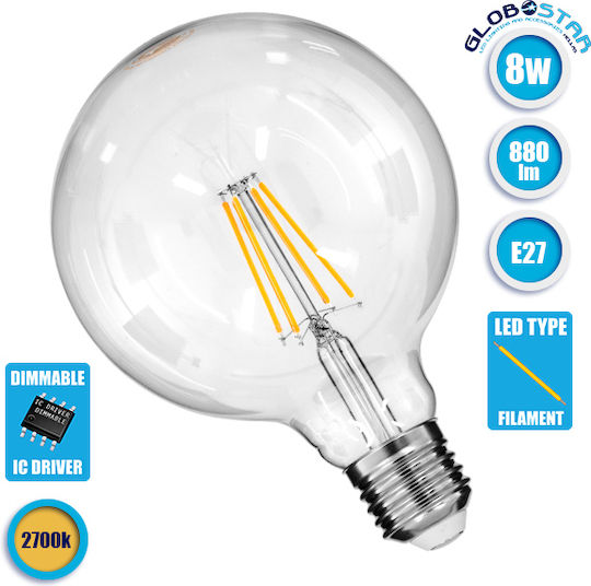 GloboStar Edison Retro Λάμπα LED 8W 180mm για Ντουί E27 και Σχήμα G125 Θερμό Λευκό 880lm Dimmable