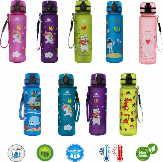 AlpinPro Kids Water Bottle Dinosaur Plastic with Straw Non Spill Green 500ml
