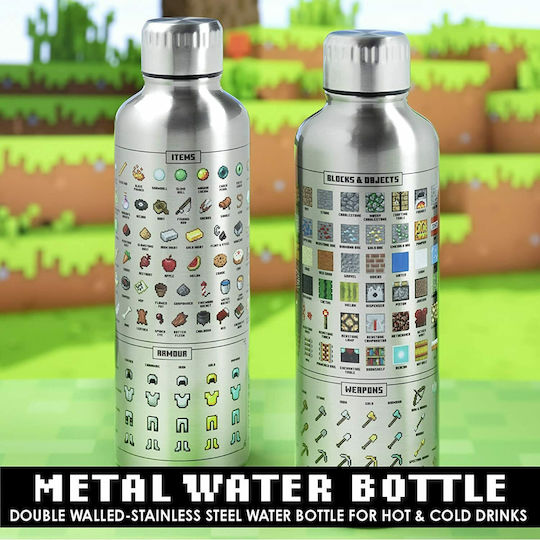 Paladone Minecraft Kids Water Bottle Minecraft Aluminium with Screw Cap Non Spill Silver 500ml