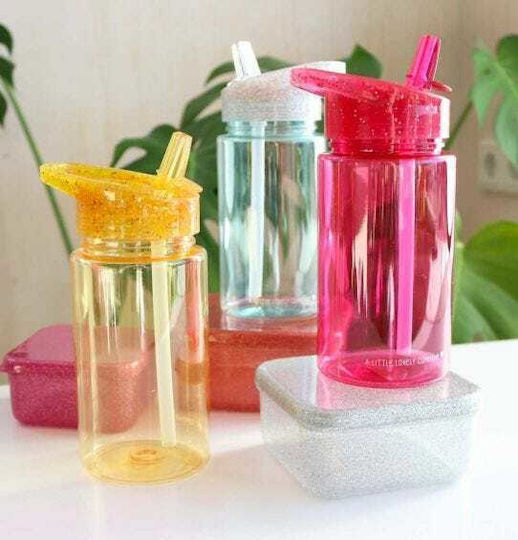 A Little Lovely Company Glitter Pink Kinderflasche Kunststoff mit Strohhalm Rosa 450ml