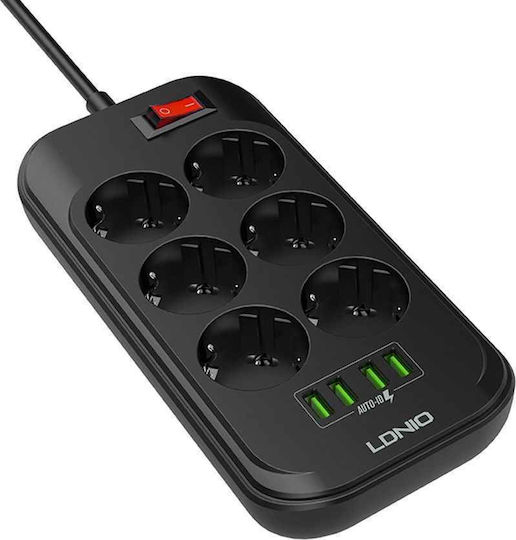 Ldnio SE6403 Power Strip with Surge Protection 6 Positions with 4 USB-A, Switch and Cable 2m