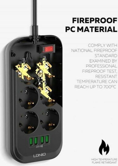 Ldnio SE6403 Power Strip with Surge Protection 6 Positions with 4 USB-A, Switch and Cable 2m