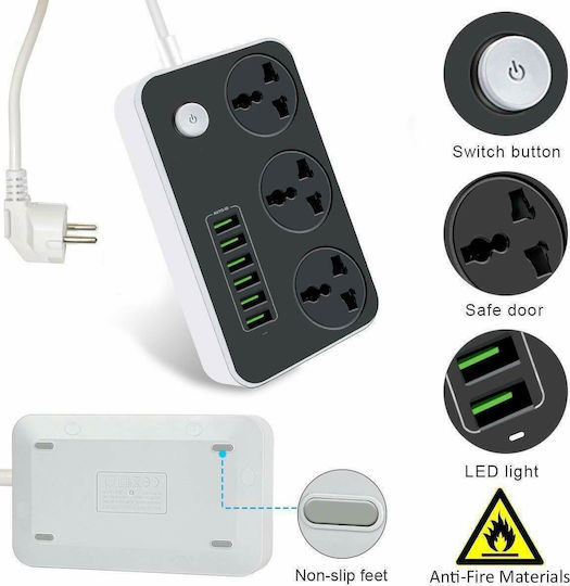 Ldnio Πολύπριζο 3 Θέσεων με 6 USB-A, Διακόπτη και Καλώδιο 2m
