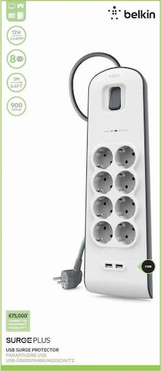 Belkin Bandă de alimentare Securitate 8 Prize cu 2 USB-A, Comutator și Cablu 2m