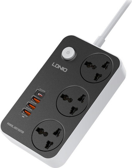 Ldnio Πολύπριζο 3 Θέσεων με 3 USB-A, 1 USB-C, Διακόπτη και Καλώδιο 2m