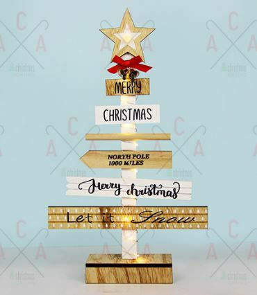 Christmas Decorative Illuminated Wood Tree with Inscription 38cm IP20 Battery Beige