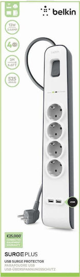Belkin Πολύπριζο Aσφαλείας 4 Θέσεων με 2 USB-A, Διακόπτη και Καλώδιο 2m