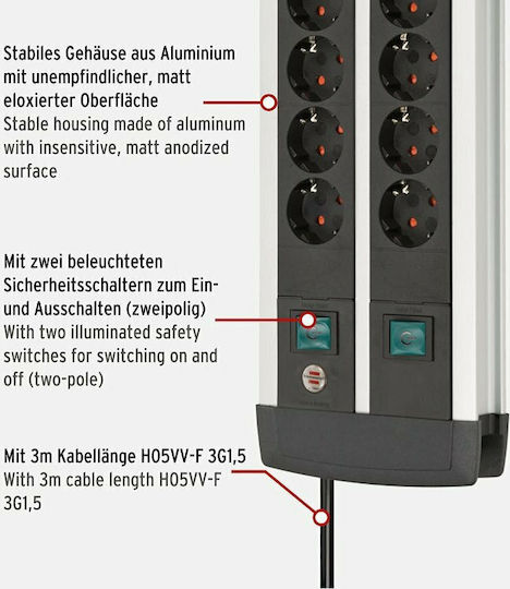 Brennenstuhl Power Strip 12 Positions with Switch and Cable 3m