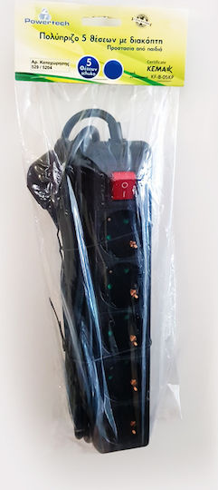 Powertech Steckdosenleiste 5 Steckdosen mit Schalter und Kabel 1.5m Schwarz