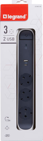 Legrand Surgearrest Захранваща Лента Защита 3 Гнезда с 2 USB-A Превключвател и Кабел 1.5m Сива