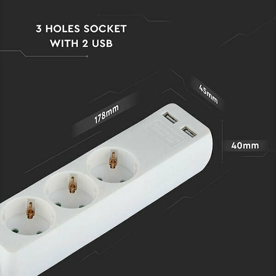 V-TAC Bandă de alimentare 3 Prize cu 2 USB-A și Cablu 1.5m