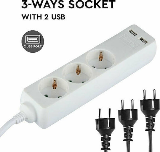 V-TAC Bandă de alimentare 3 Prize cu 2 USB-A și Cablu 1.5m