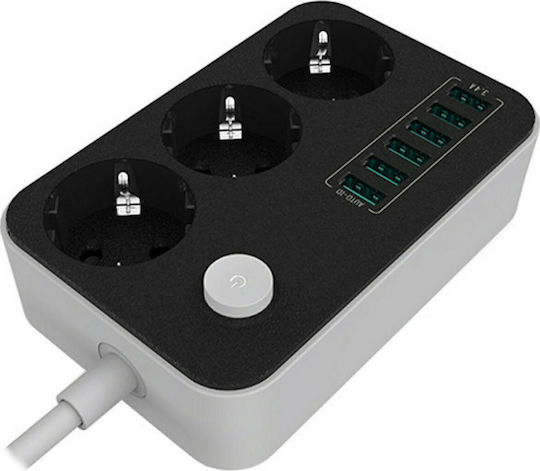 ColorWay Bandă de alimentare Securitate 3 Prize cu 6 USB-A, Comutator și Cablu 1.8m