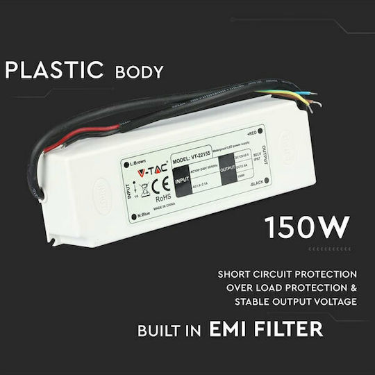 V-TAC Dimmable LED Power Supply Waterproof IP67 Power 150W with Output Voltage 12V 20 pcs
