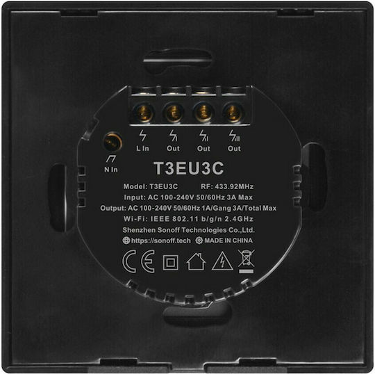 Sonoff ΤΧ-T3EU3C Recessed Touch Wall Switch Wi-Fi Lighting Triple with Frame Black