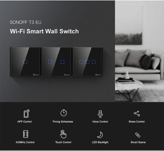 Sonoff Recessed Touch Wall Switch Wi-Fi Lighting Two-Way with Frame Black
