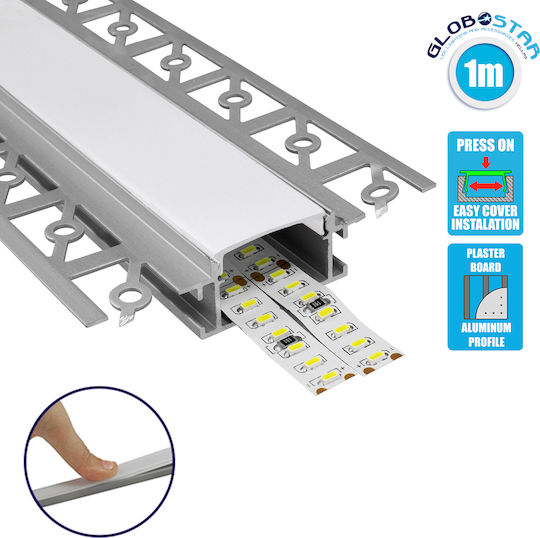 GloboStar Walled Aluminum Profile for LED Strip with Opal Cover for Drywall 100x6.6x1.3cm