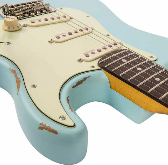 Vintage V6 Icon Electric Guitar Stratocaster with SSS Pickup Configuration Distressed Laguna Blue