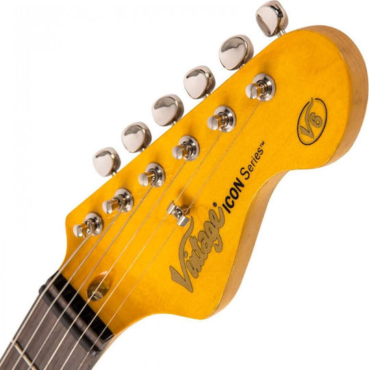 Vintage V6 Icon Electric Guitar Stratocaster with SSS Pickup Configuration Distressed Laguna Blue