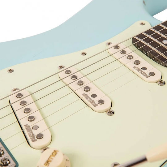 Vintage V6 Icon Electric Guitar Stratocaster with SSS Pickup Configuration Distressed Laguna Blue