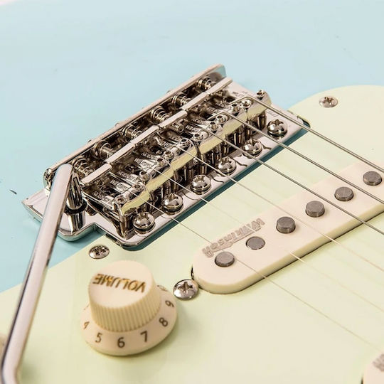 Vintage V6 Icon Electric Guitar Stratocaster with SSS Pickup Configuration Distressed Laguna Blue