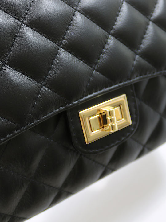 Δερμάτινη Γυναικεία Flap Bag 'Ωμου Μαύρη